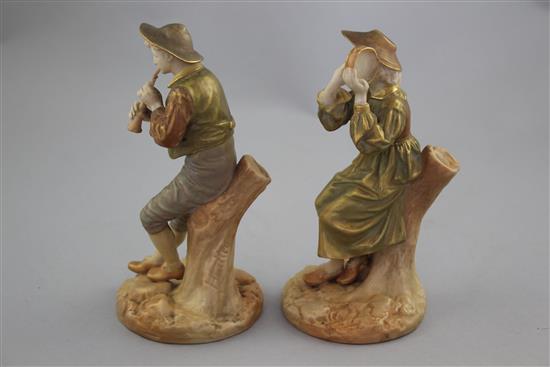 Two Royal Worcester shot enamels figures of a shepherd and shepherdess, modelled by James Hadley, 15.5cm and 15cm